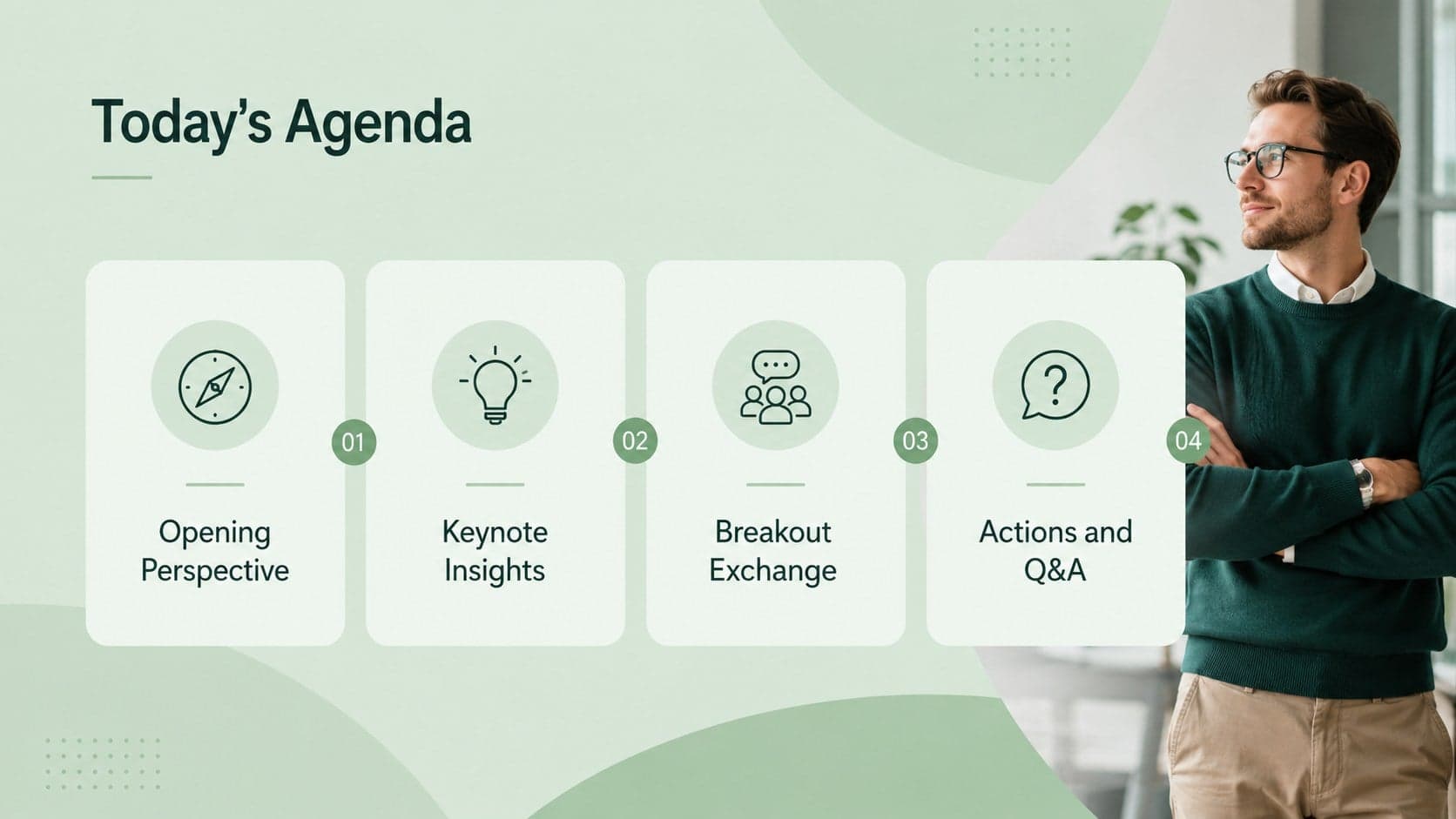 Professional webinar agenda slide showing four stages of a virtual conference program.