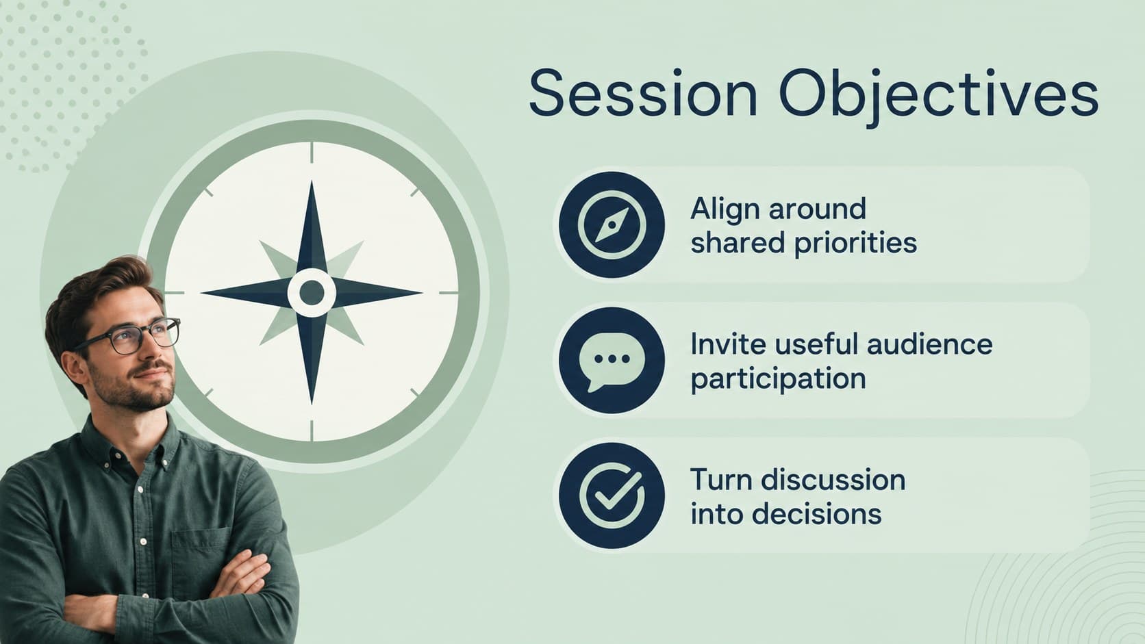Remote conference objectives slide outlining alignment, participation, and decision-making goals.