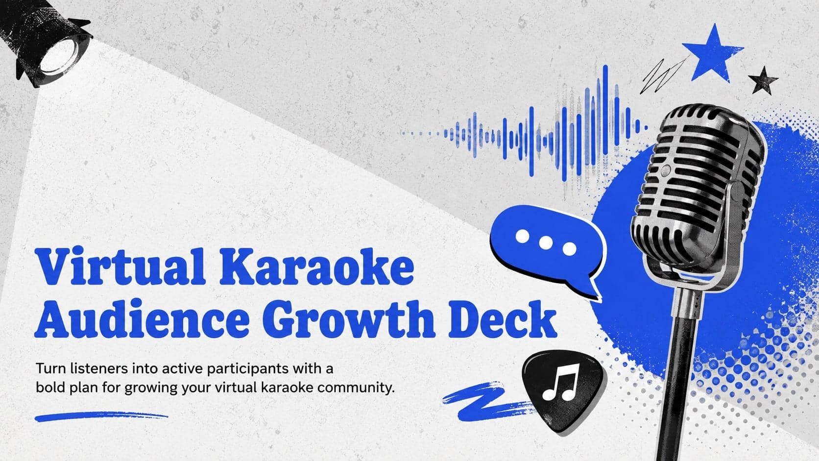 Cover of the Virtual Karaoke Audience Growth Deck with bold blue and grey music-themed graphics.