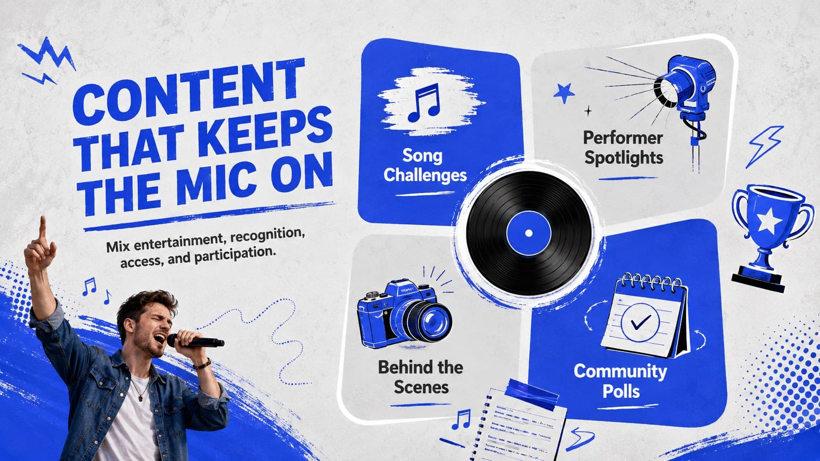 Music app social campaign template slide organizing content into four karaoke-focused pillars.