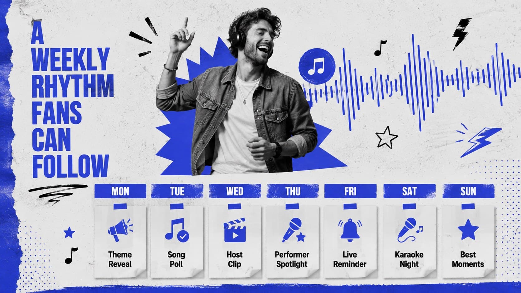 Social media content calendar for karaoke with a sample seven-day posting rhythm.