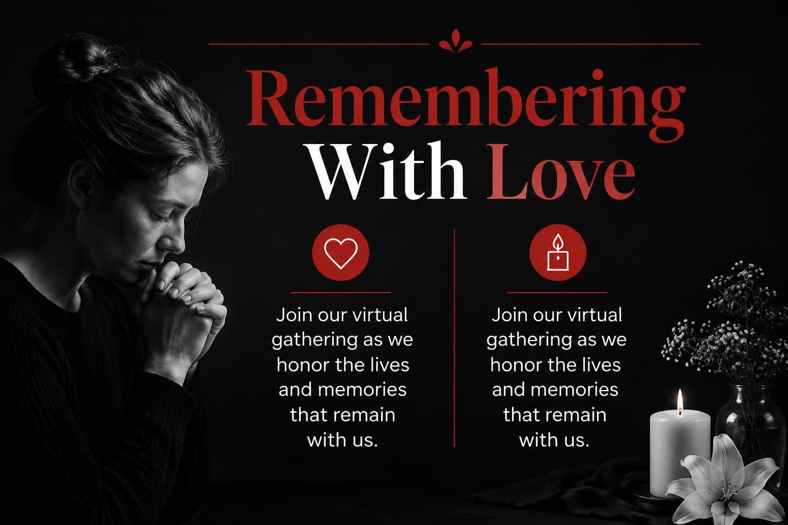 Undas memorial announcement slide showing a family remembrance message beside candle and floral artwork.