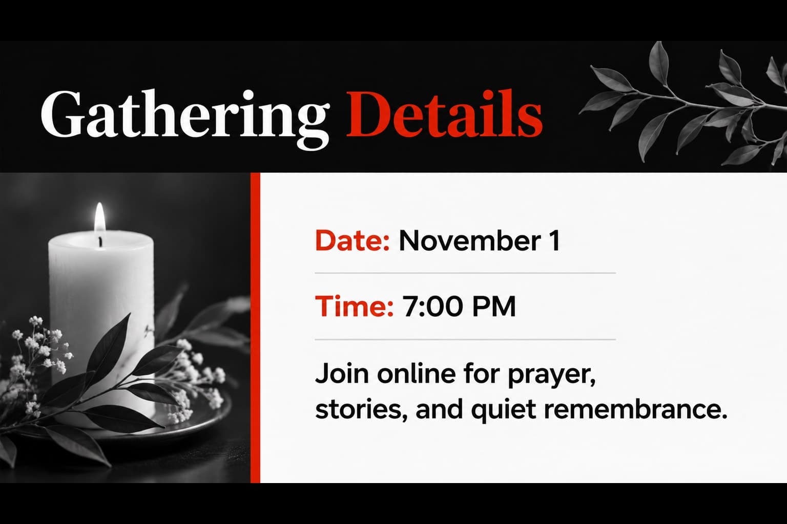 Digital All Souls' Day remembrance slide with editable event details, a candle icon, and red floral decoration.