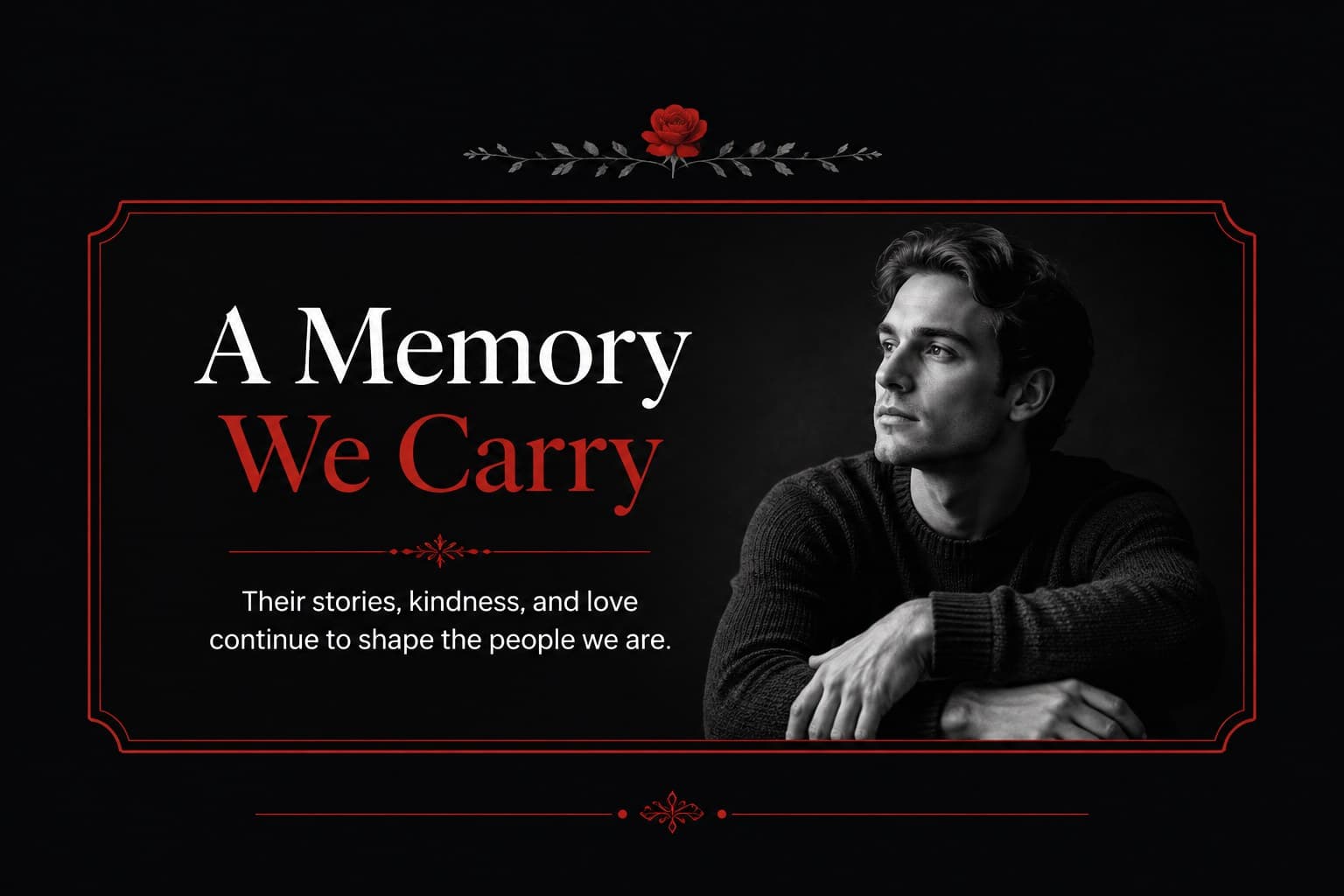 Editable family tribute slide featuring a framed message area, monochrome memorial imagery, and red accent details.