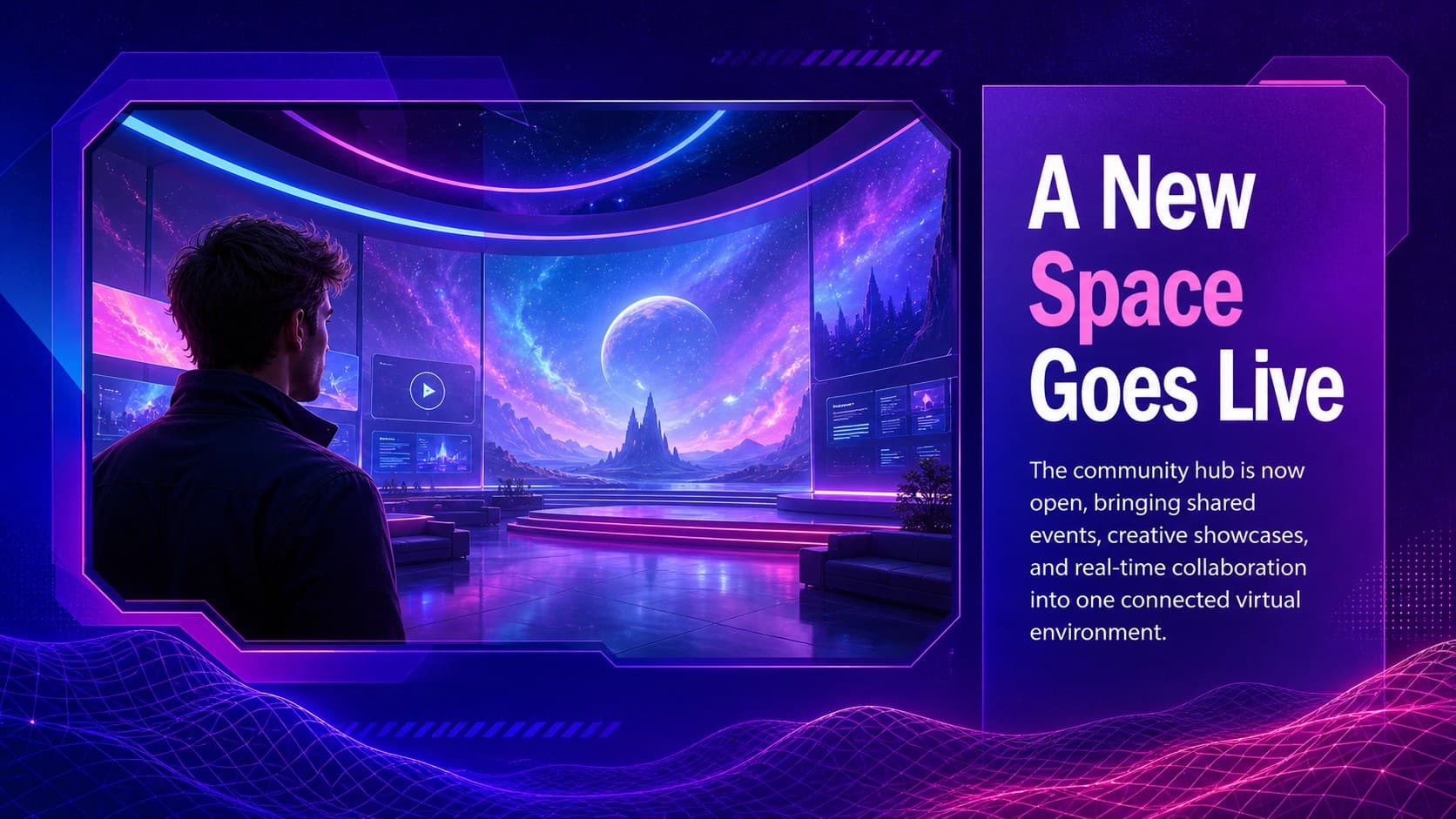 Virtual world newsletter slide featuring headline news and a digital environment image.