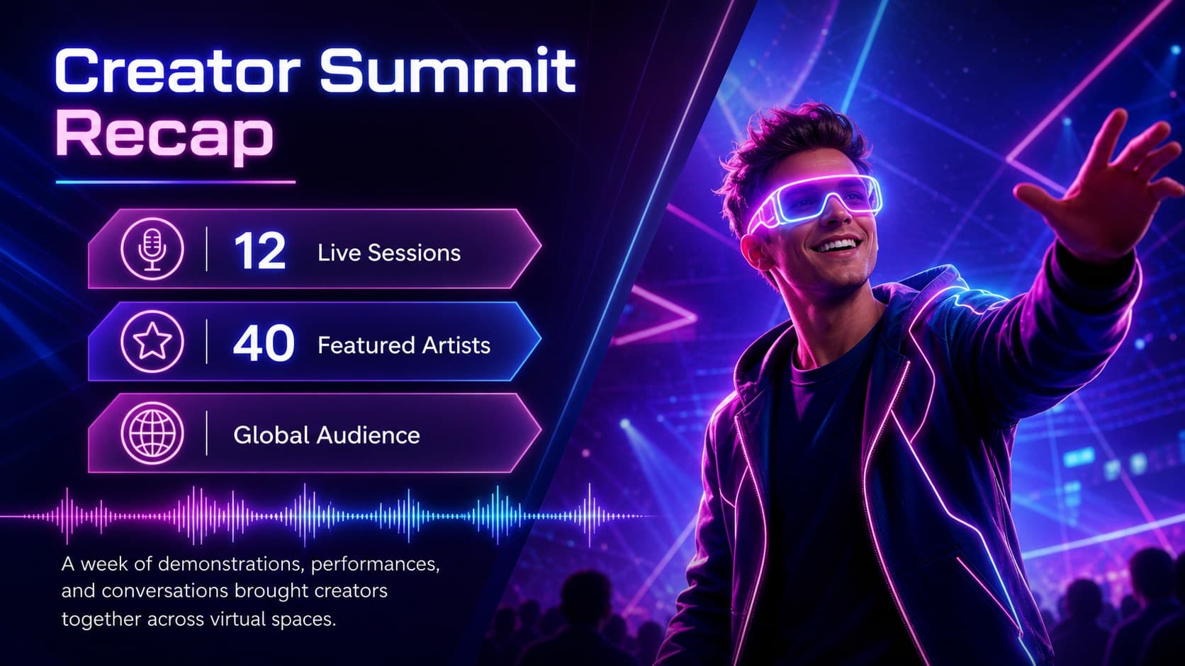 Colorful virtual event recap slide with highlights and audience statistics.
