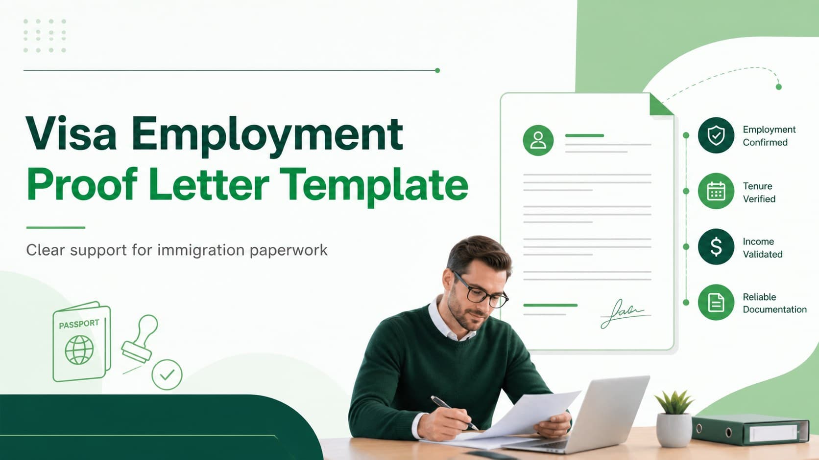 Green cover slide presenting a visa employment proof letter template with a formal employer document layout.