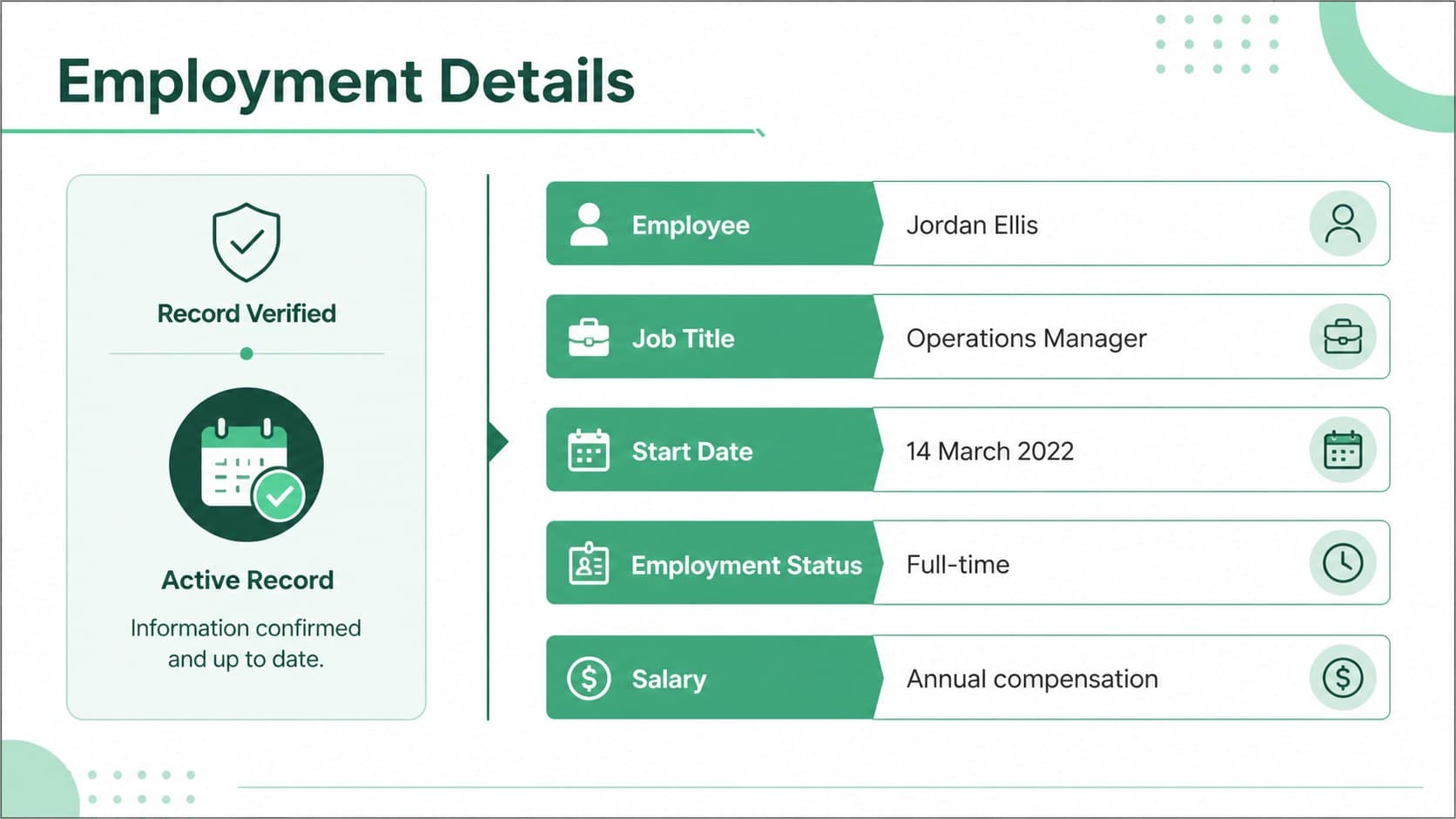 Editable green employment verification slide showing organized job details for immigration paperwork.