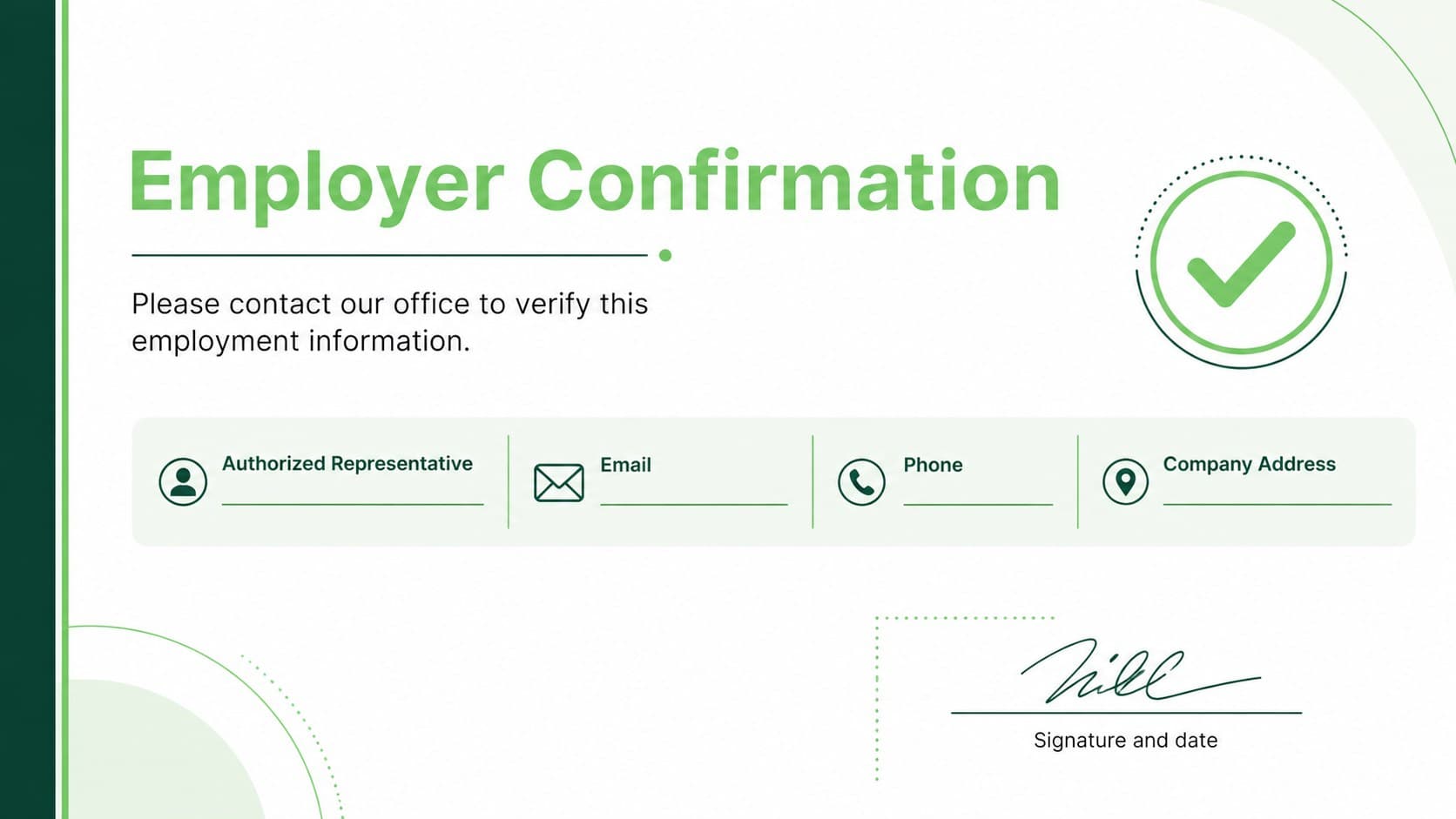 Professional visa support letter slide with employer contacts and signature fields in a green document style.