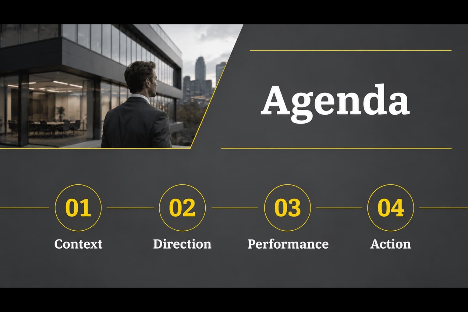 Agenda slide outlining the sections of a corporate strategy presentation with yellow markers and photo details.