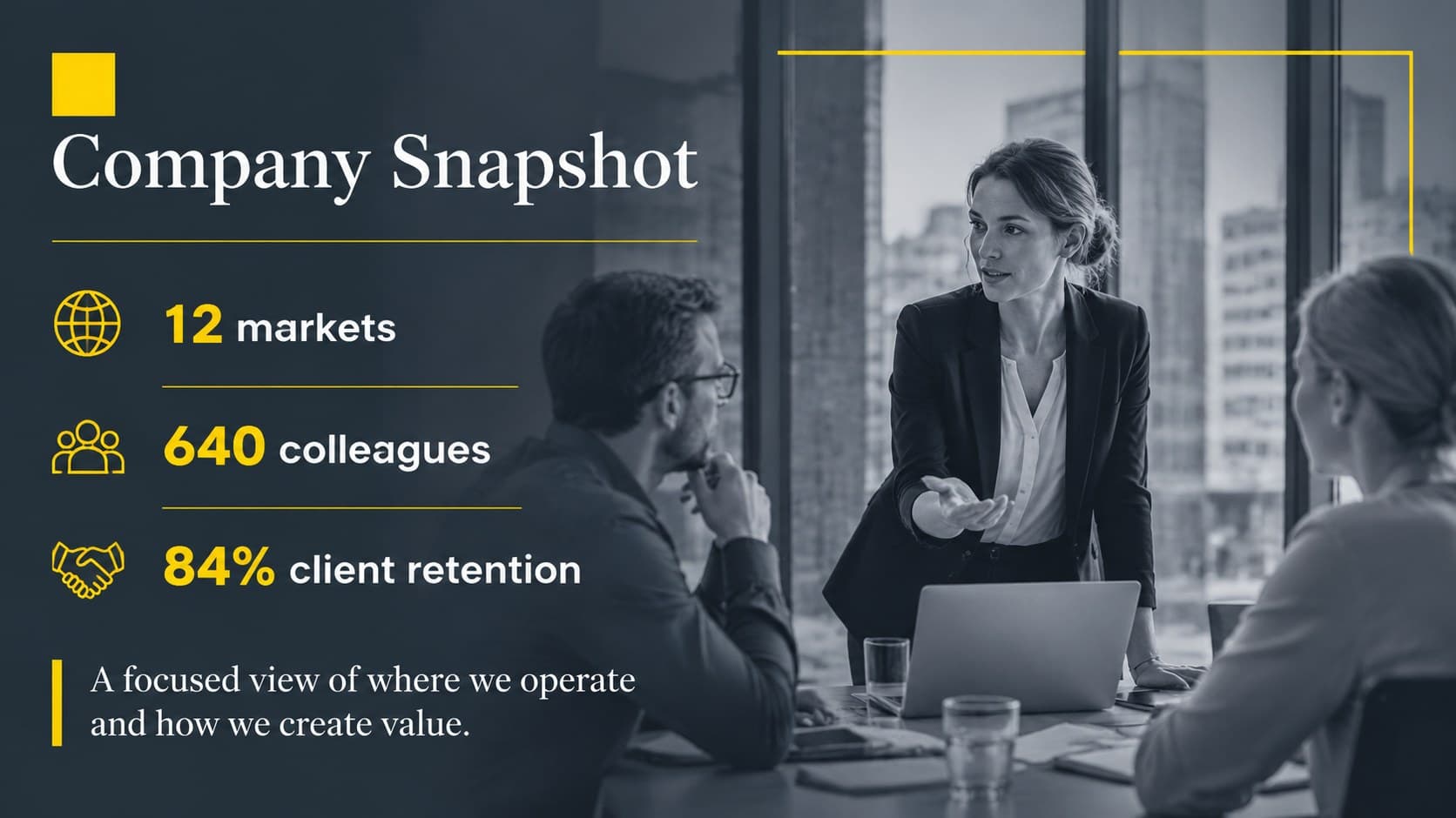 Company overview slide with a large business photograph, key facts, and a concise corporate profile.