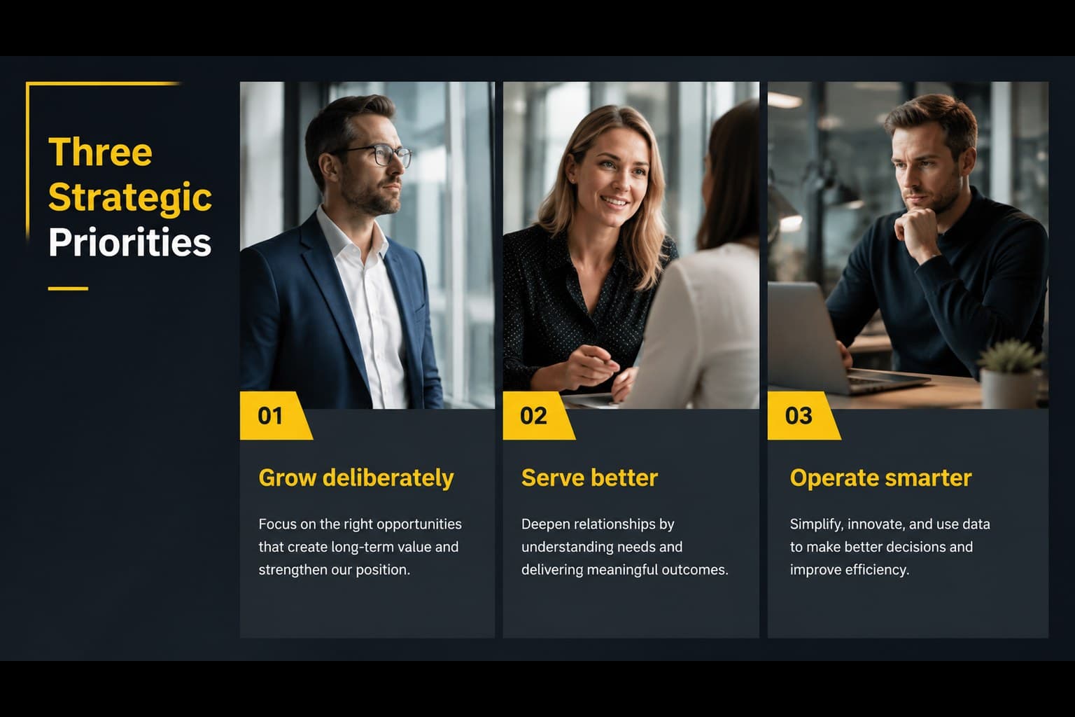Strategic priorities slide showing three business pillars with supporting photography and clean data labels.
