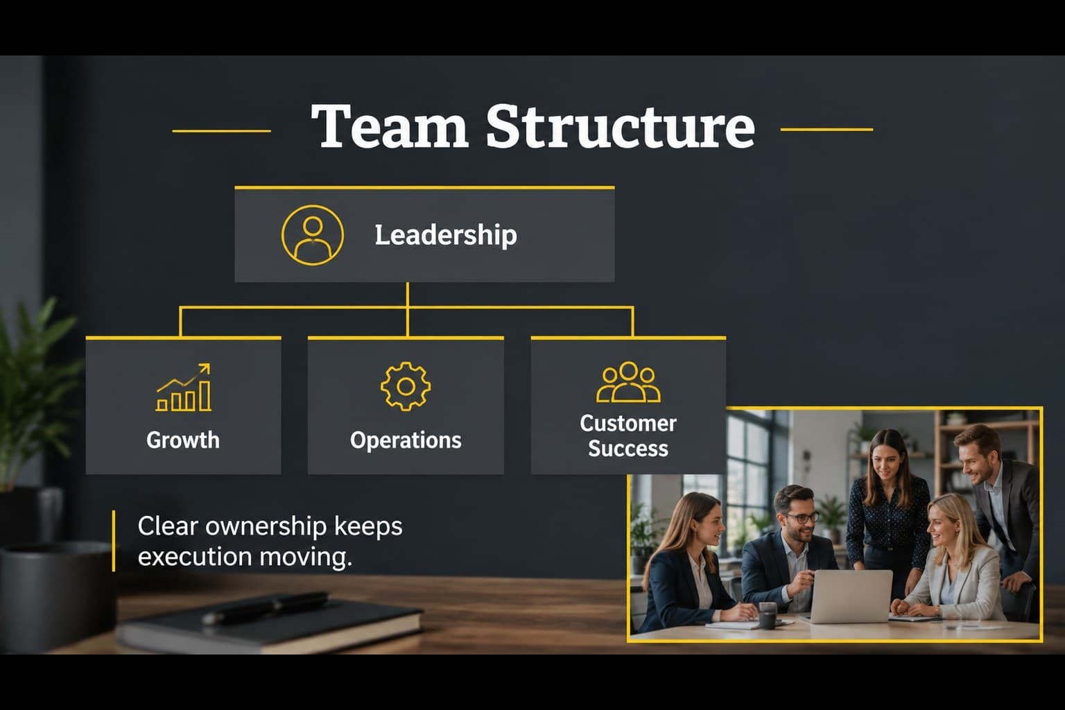 Team structure slide presenting leadership and working groups with contemporary office photography.