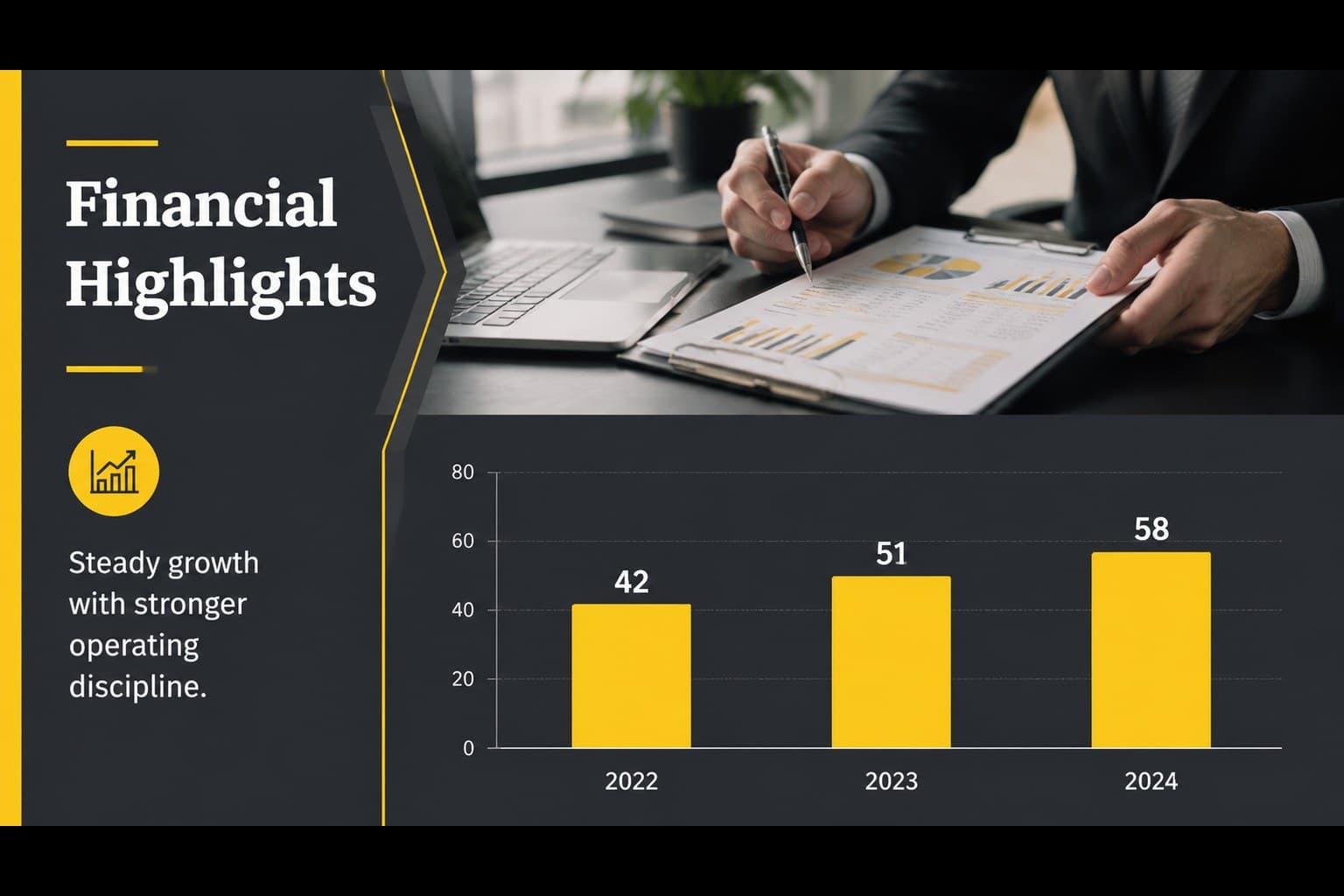 Financial highlights slide featuring a clean bar chart, key figures, and yellow accent details.