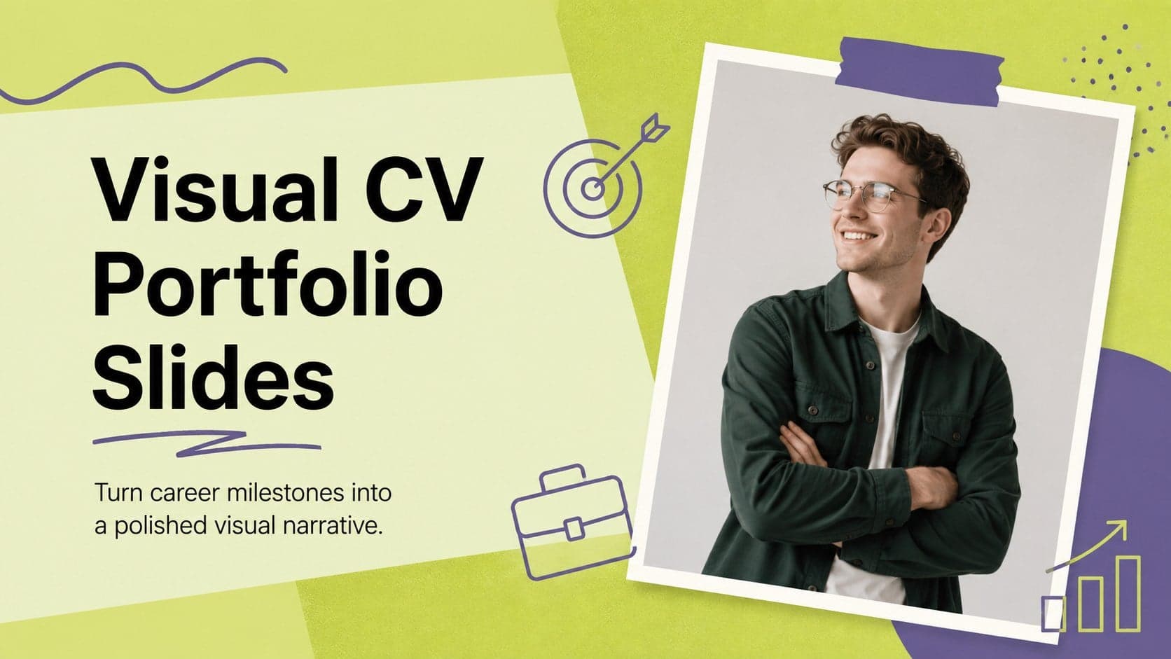 Cover of the Visual CV Portfolio Slides template with a portrait area, green and purple shapes, and playful career-themed accents.