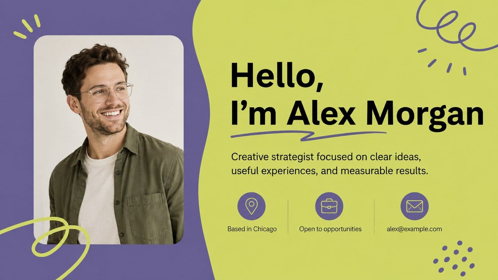 Personal profile layout from a creative CV presentation template with a professional portrait and concise biography.