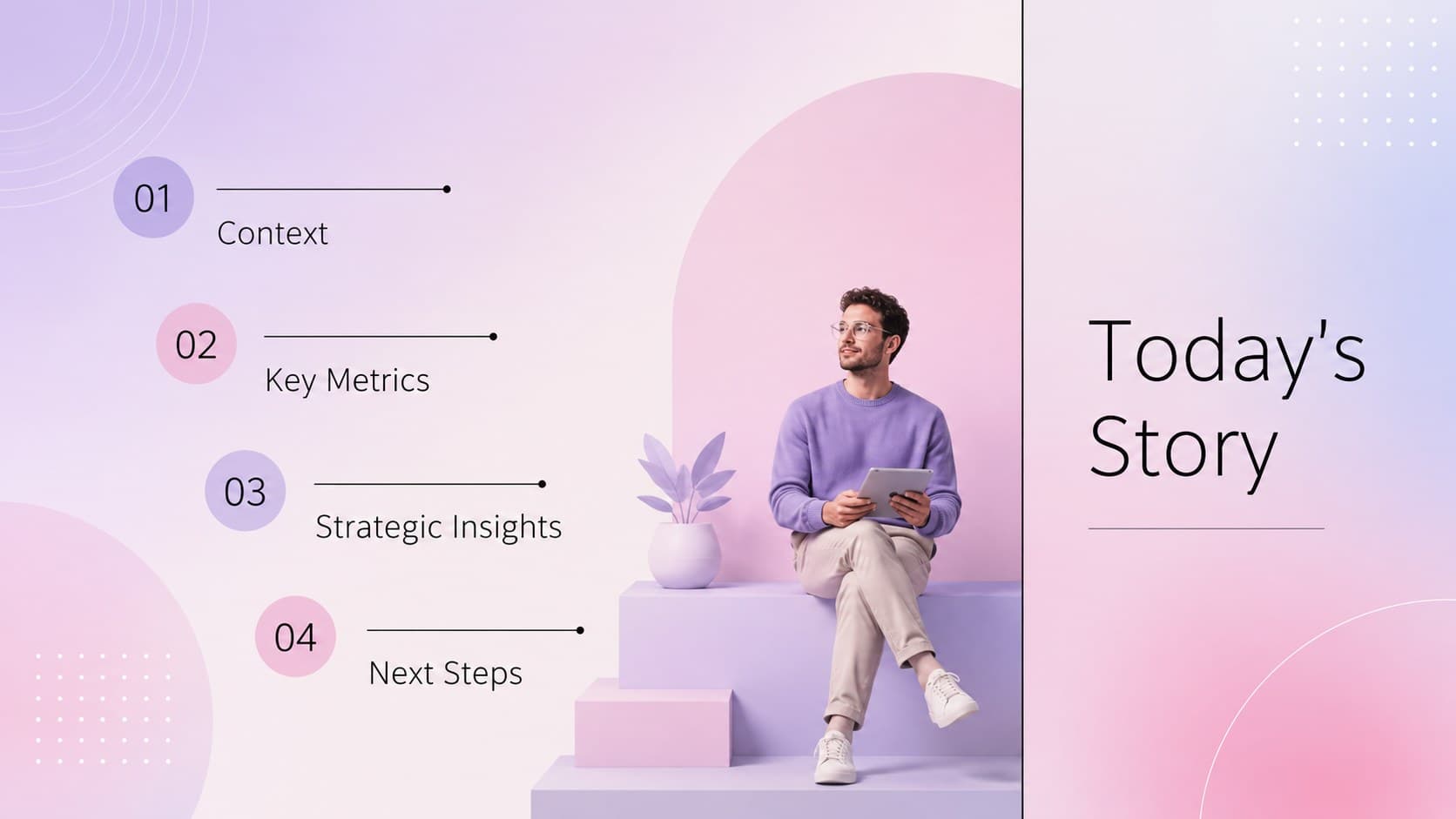 Agenda layout for a modern infographic presentation template covering metrics, insights, strategy, and next steps.