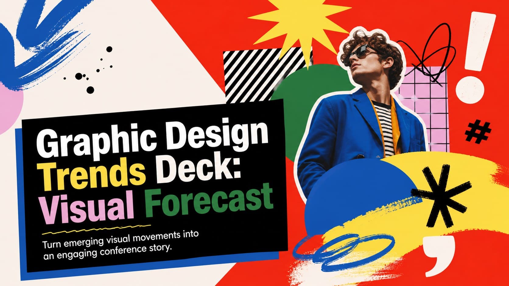 Cover of the Graphic Design Trends Deck: Visual Forecast with bold red typography and colorful editorial graphics.