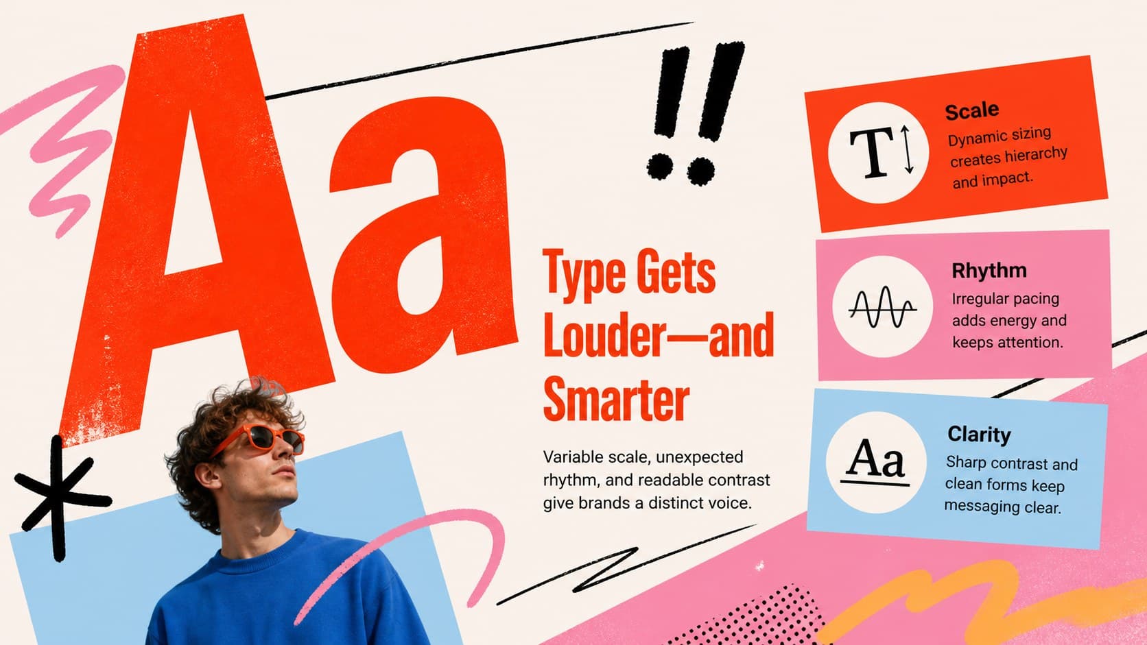 Modern typography trend slide featuring expressive lettering examples and a concise design insight.
