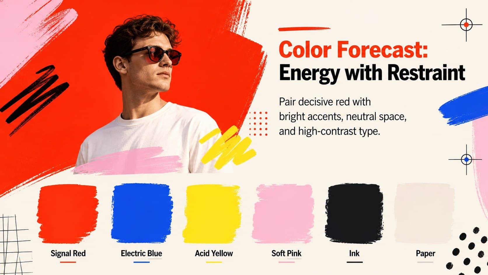 Red graphic design presentation slide displaying an energetic color forecast with contrasting swatches.