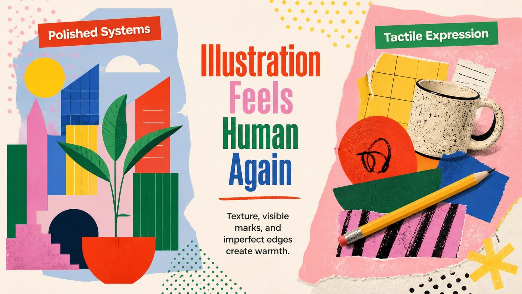 Creative direction presentation deck slide comparing polished vector art with tactile handmade illustration.