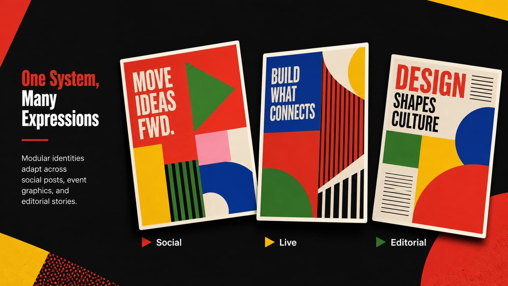 Branding trends keynote template slide presenting three modular campaign applications in a colorful layout.