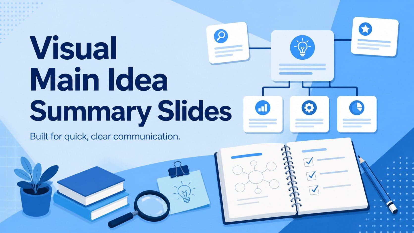 Cover for Visual Main Idea Summary Slides with blue educational illustrations framing a central title.