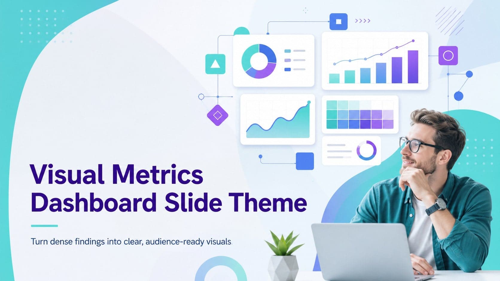 Cover for a visual metrics dashboard slide theme in a modern purple, teal, and blue business style.