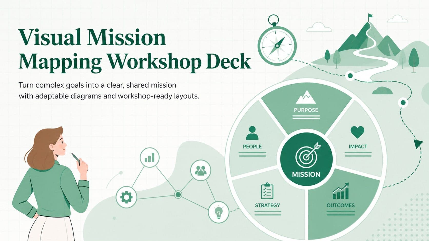 Green illustrated cover for the Visual Mission Mapping Workshop Deck with a strategic planning diagram.