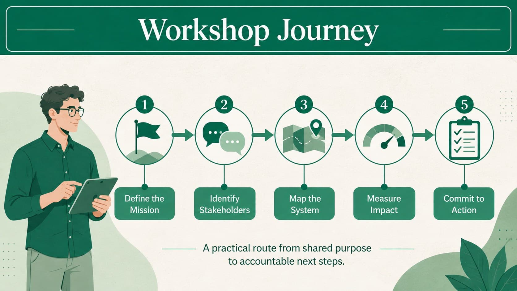 Mission mapping agenda slide outlining five stages of a collaborative strategy workshop.