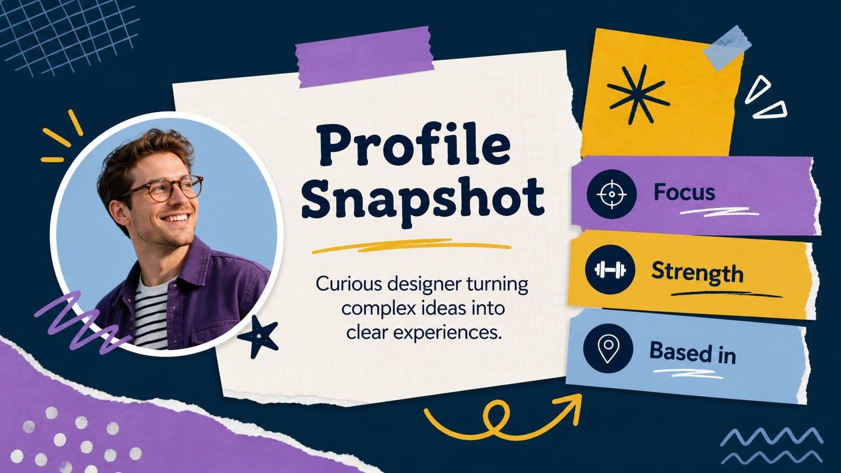 Professional profile introduction slide for a visual resume presentation with editable career summary content.
