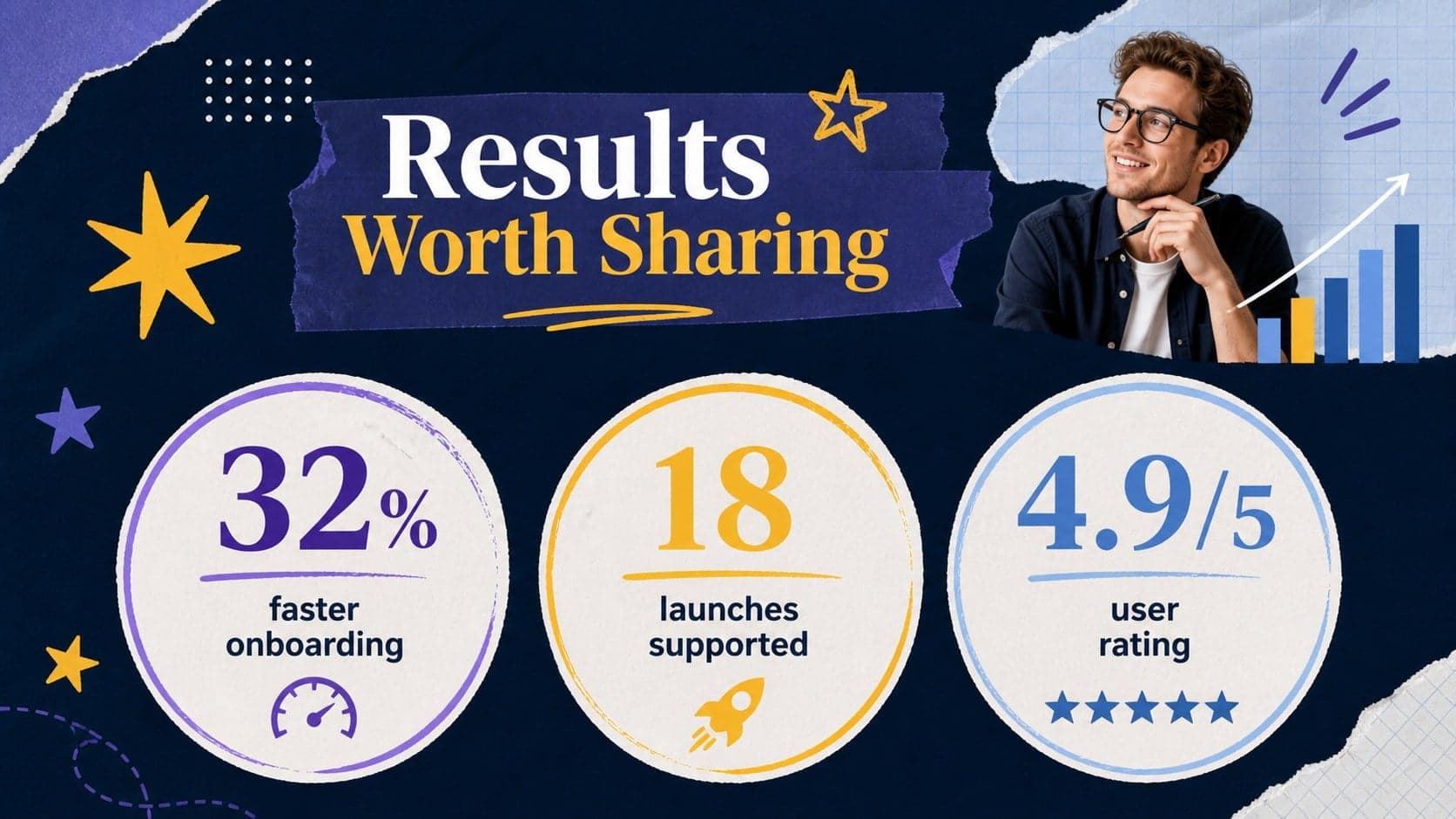 Achievement highlights slide with editable metrics and colorful illustrated data elements.