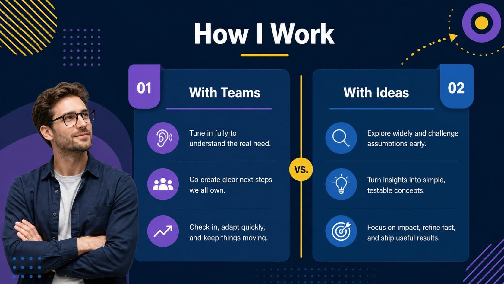 Professional strengths slide organized as a colorful illustrated comparison layout.