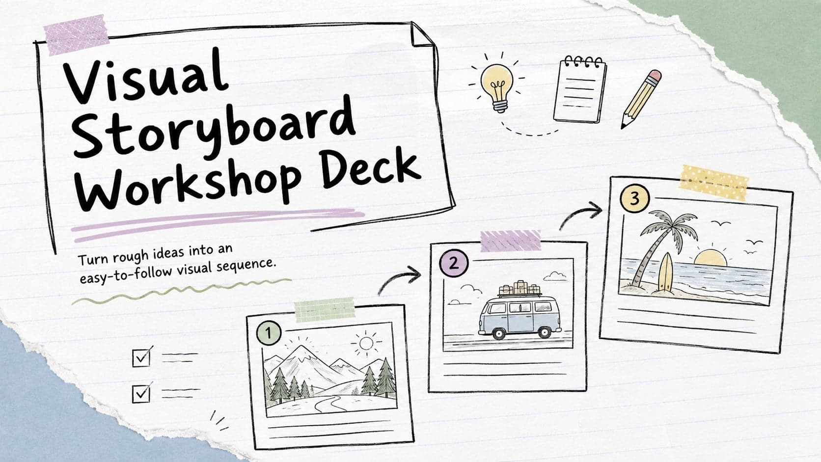 Cover of the Visual Storyboard Workshop Deck with pastel sketchbook details and hand-drawn storyboard panels.