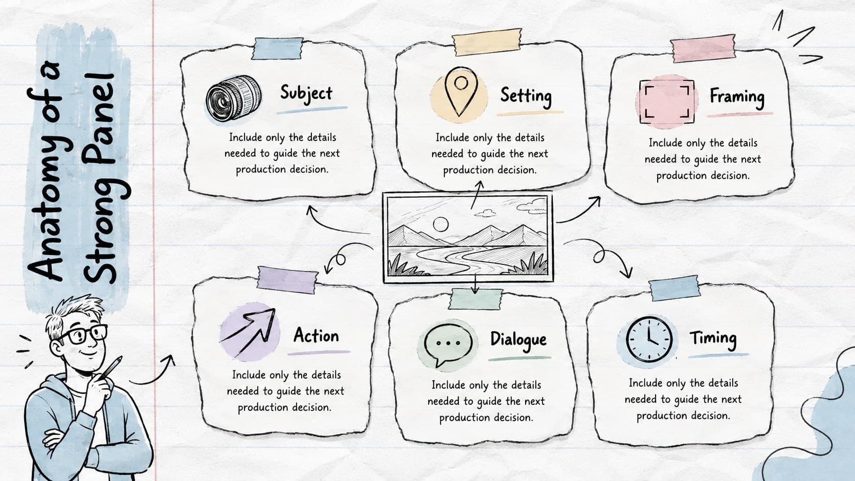 Hand-drawn storyboard presentation showing the six essential elements of an effective panel.