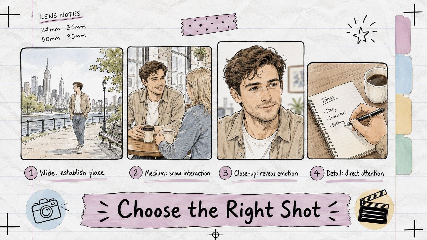 Film scene planning slide comparing wide, medium, close-up, and detail storyboard shots.