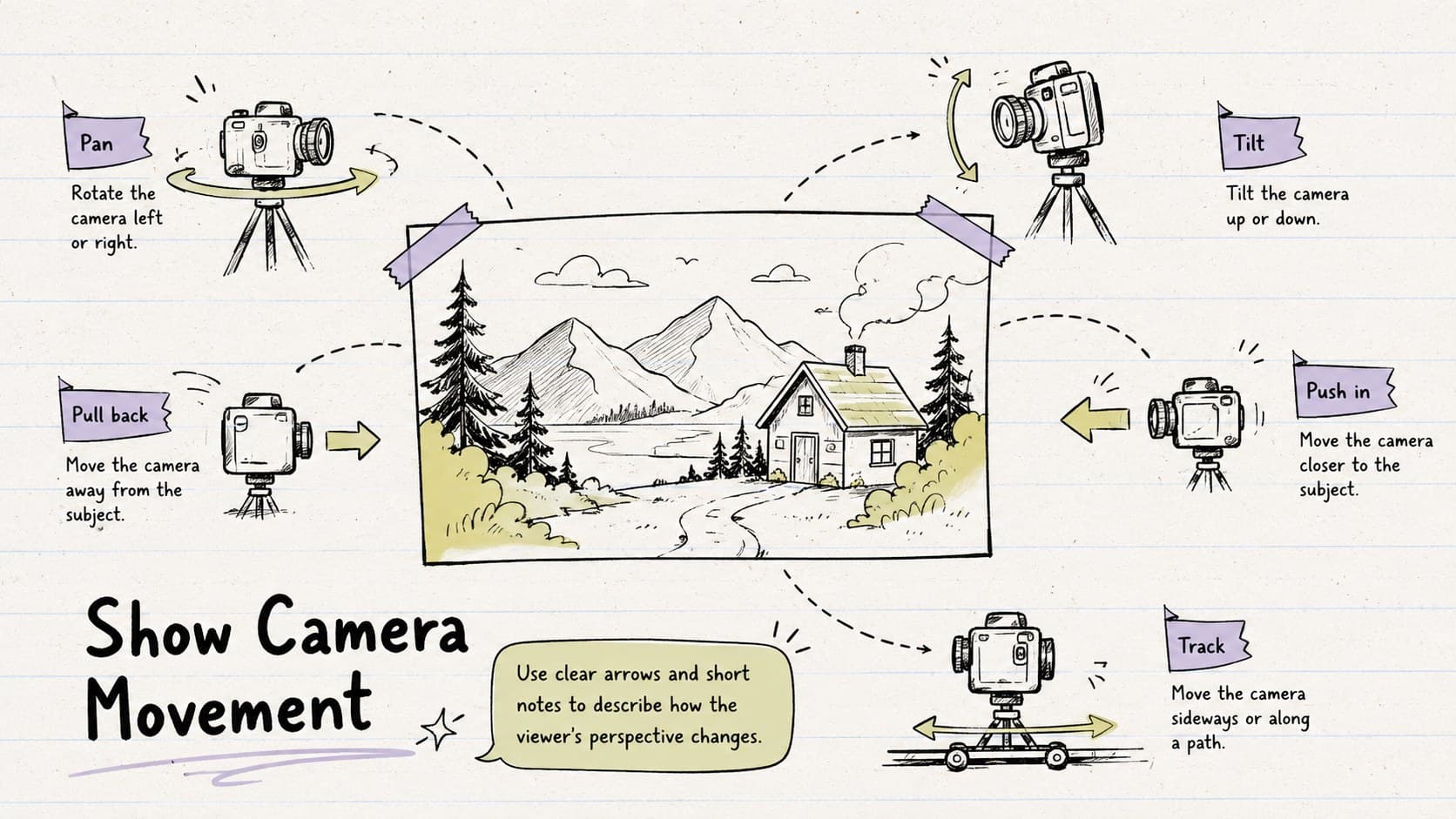 Storyboard workshop slide illustrating pan, tilt, push-in, pull-back, and tracking camera movement.