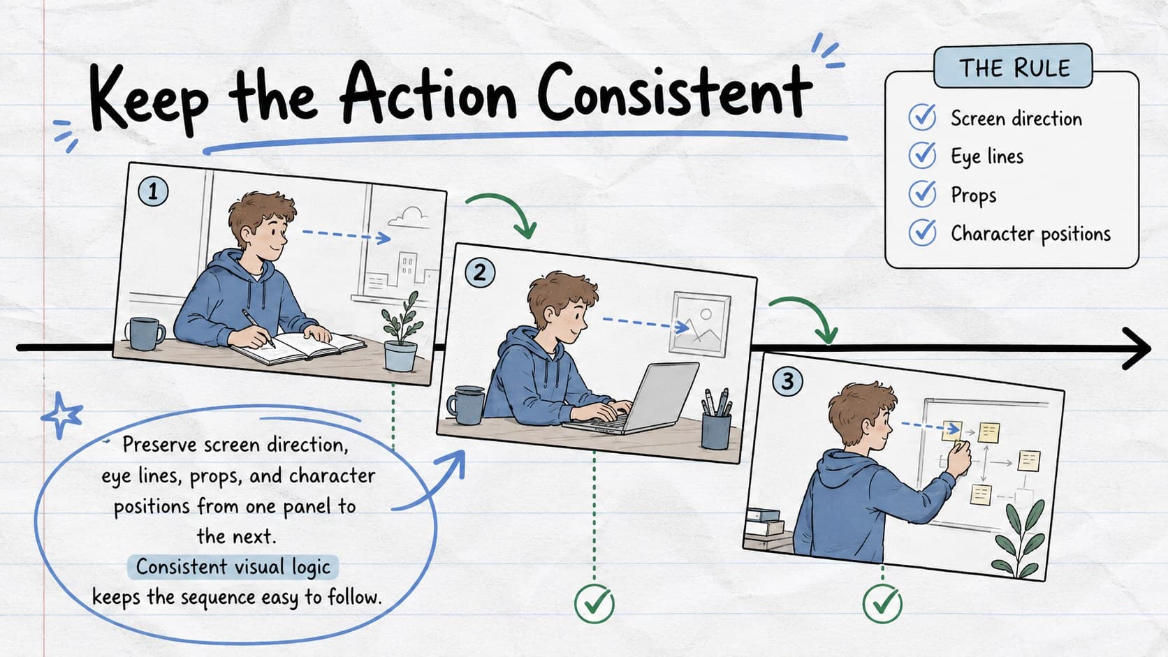 Storyboard lesson plan slide demonstrating screen direction and continuity across three pastel panels.