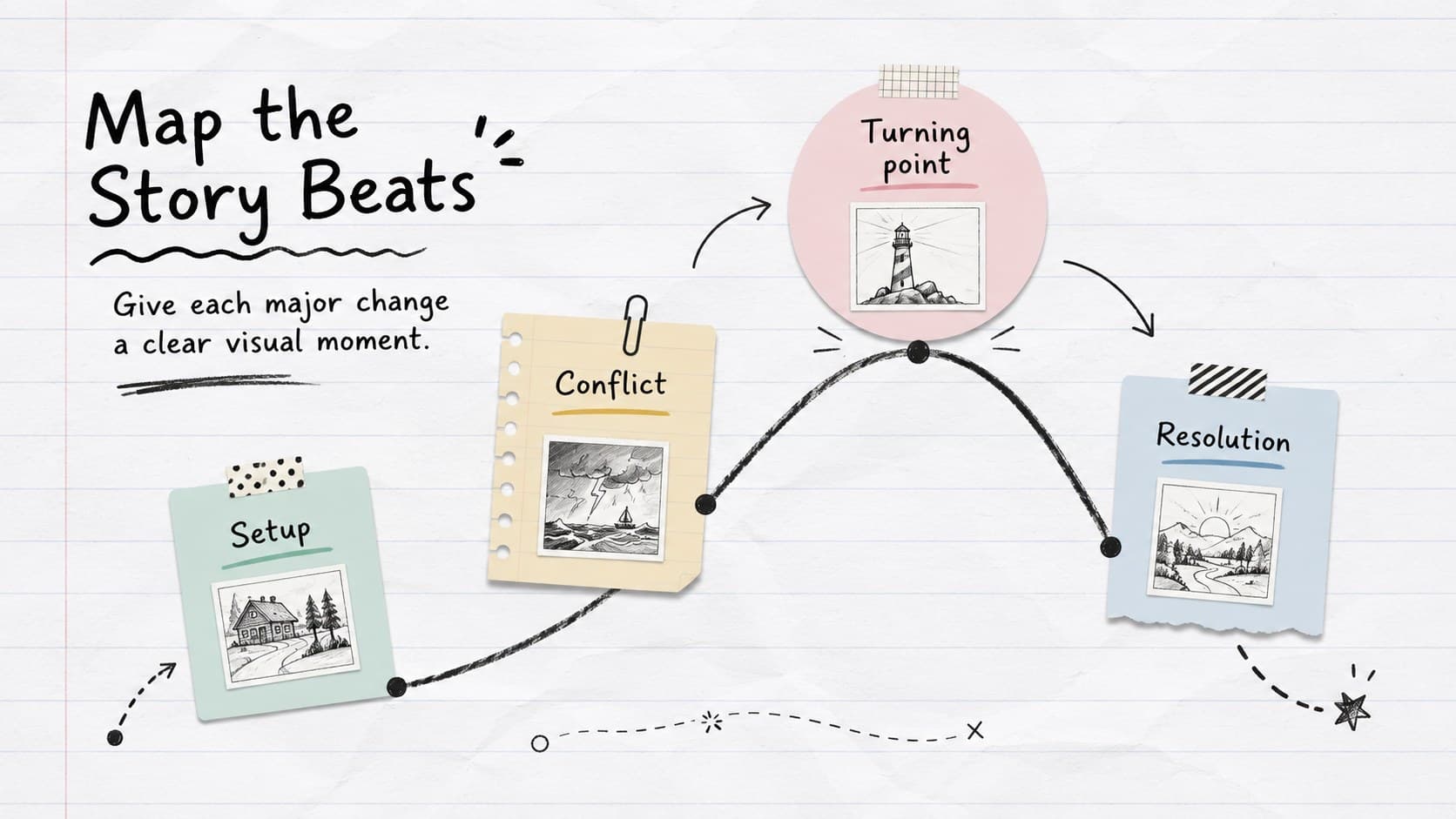 Visual storytelling lesson template mapping setup, conflict, turning point, and resolution along a narrative arc.