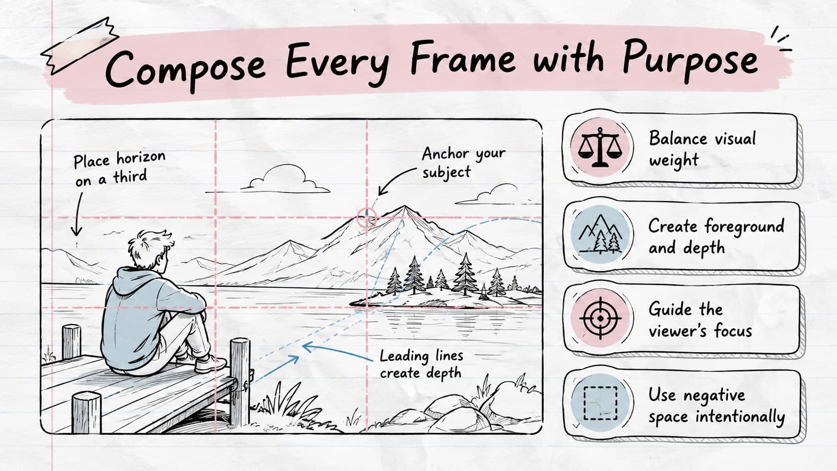 Storyboard composition teaching slide comparing balanced framing, depth, focus, and negative space.