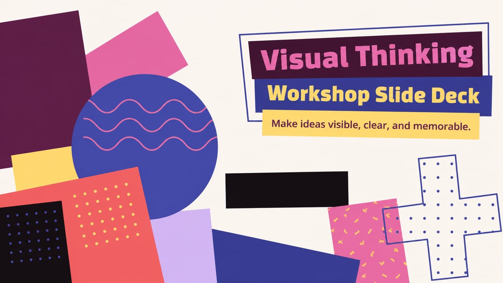 Cover slide for a visual thinking workshop slide deck with bold geometric color blocks and black typography.