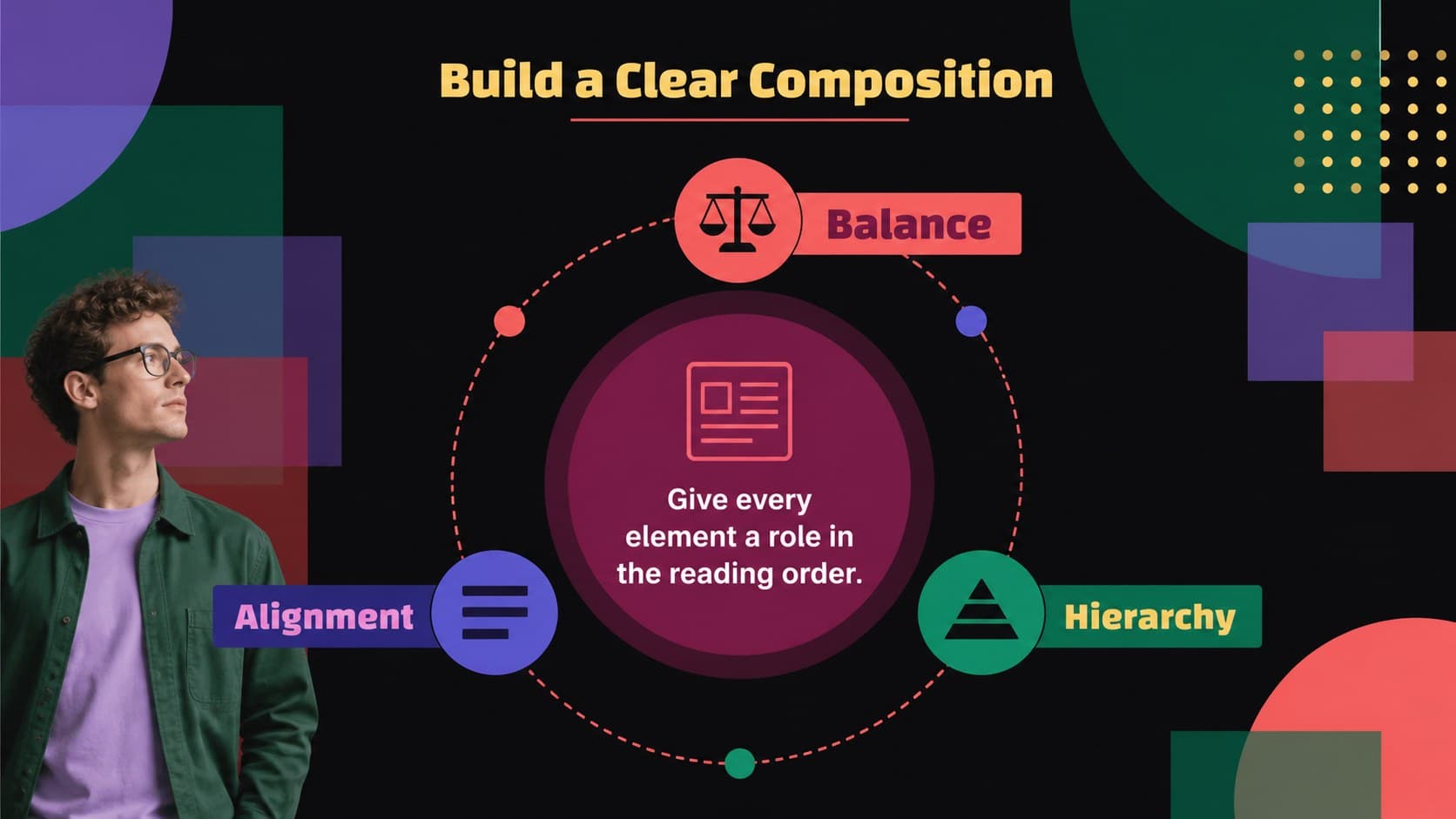 Geometric composition slide showing balance, alignment, and hierarchy as core design principles.