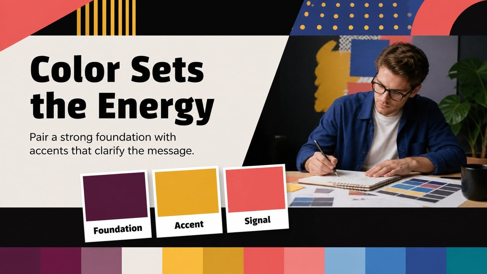 Color theory workshop slide with vivid swatches and concise guidance for choosing an expressive palette.