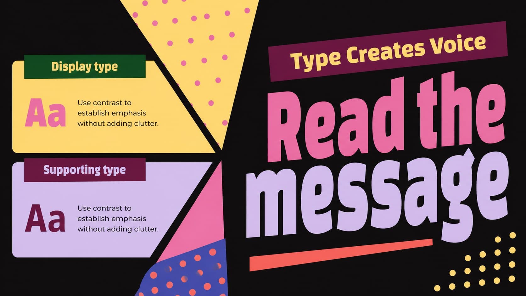 Typography lesson slide comparing display and supporting type styles within a bold black and colorful framework.