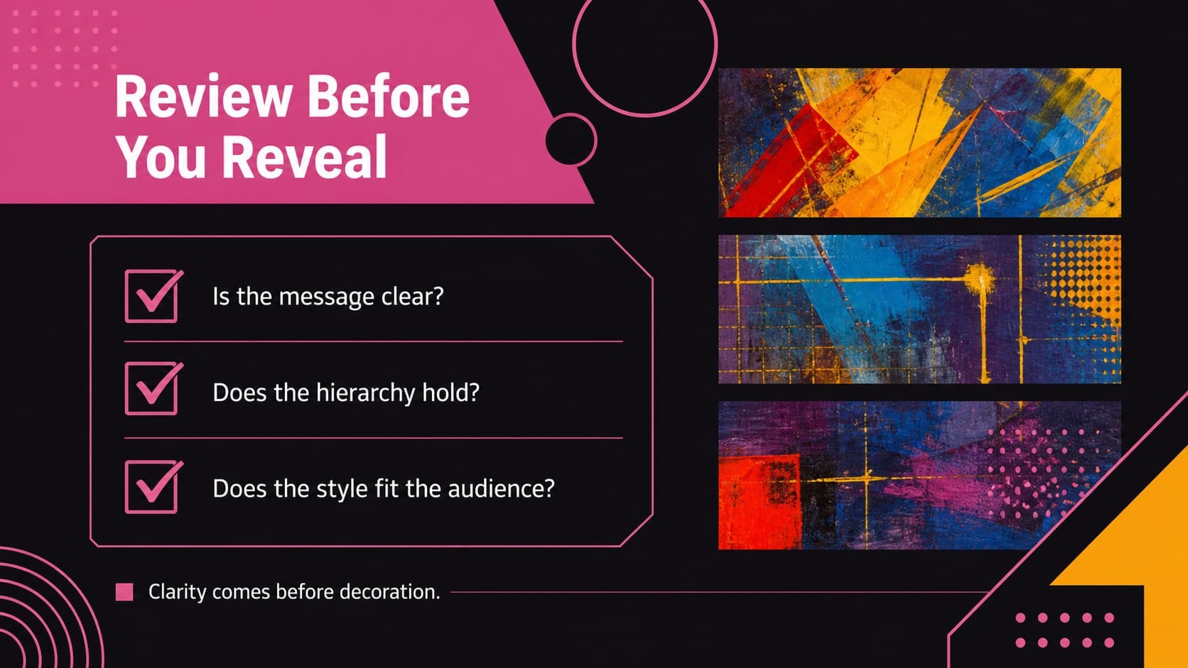 Design critique slide with a visual checklist for reviewing clarity, consistency, and audience fit.