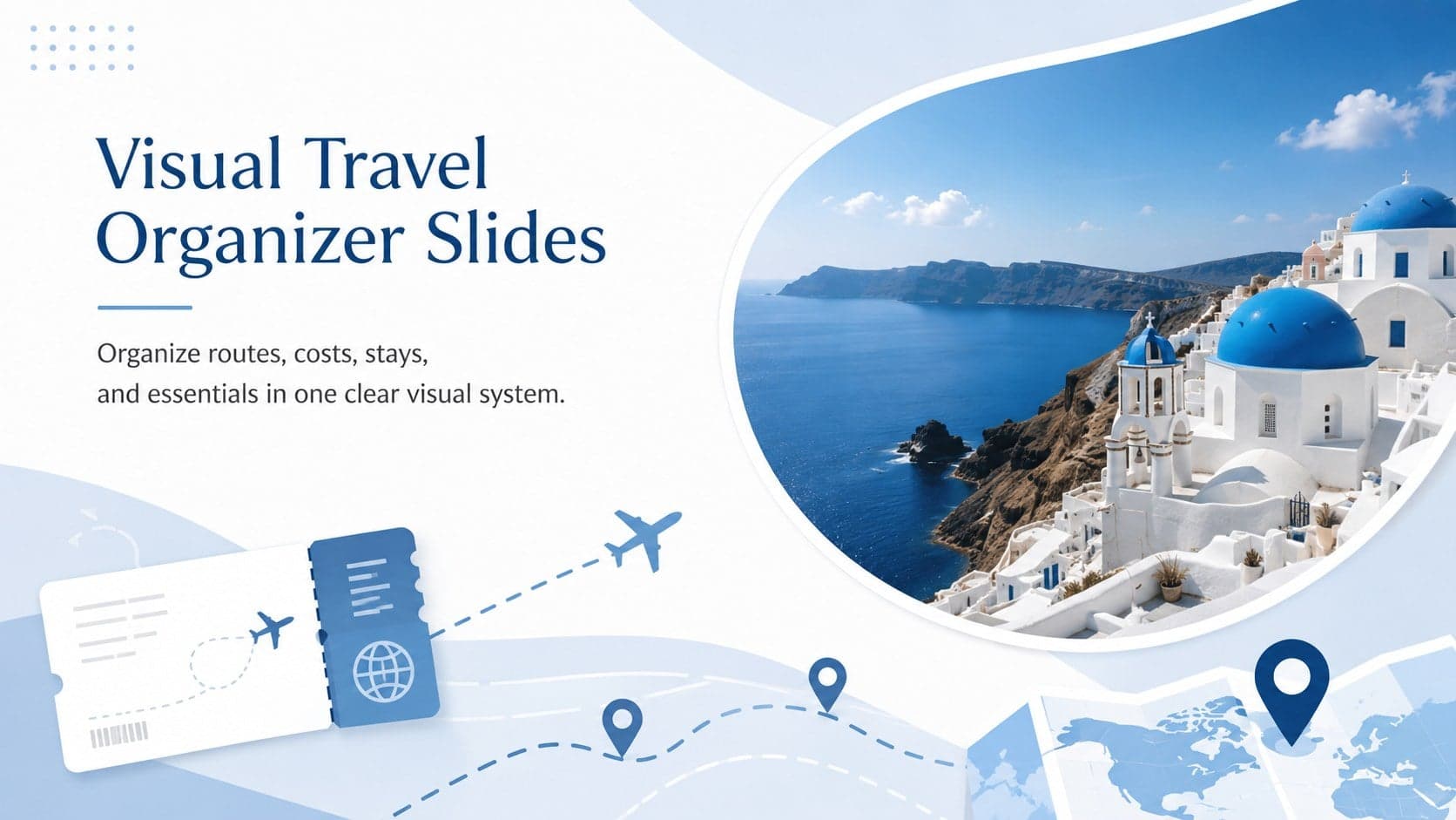 Cover for Visual Travel Organizer Slides with modern blue travel graphics on a clean white background.