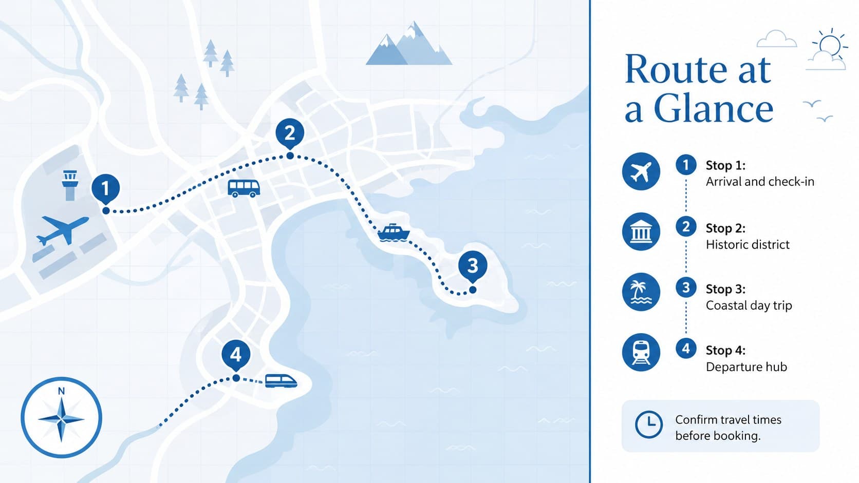 Route map slide showing a four-stop travel itinerary with transport connections.