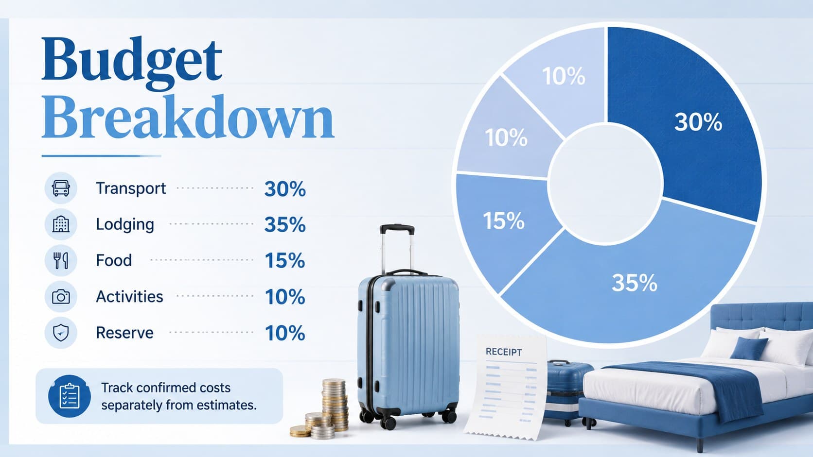 Trip budget infographic dividing estimated costs among transport, lodging, food, activities, and reserve funds.