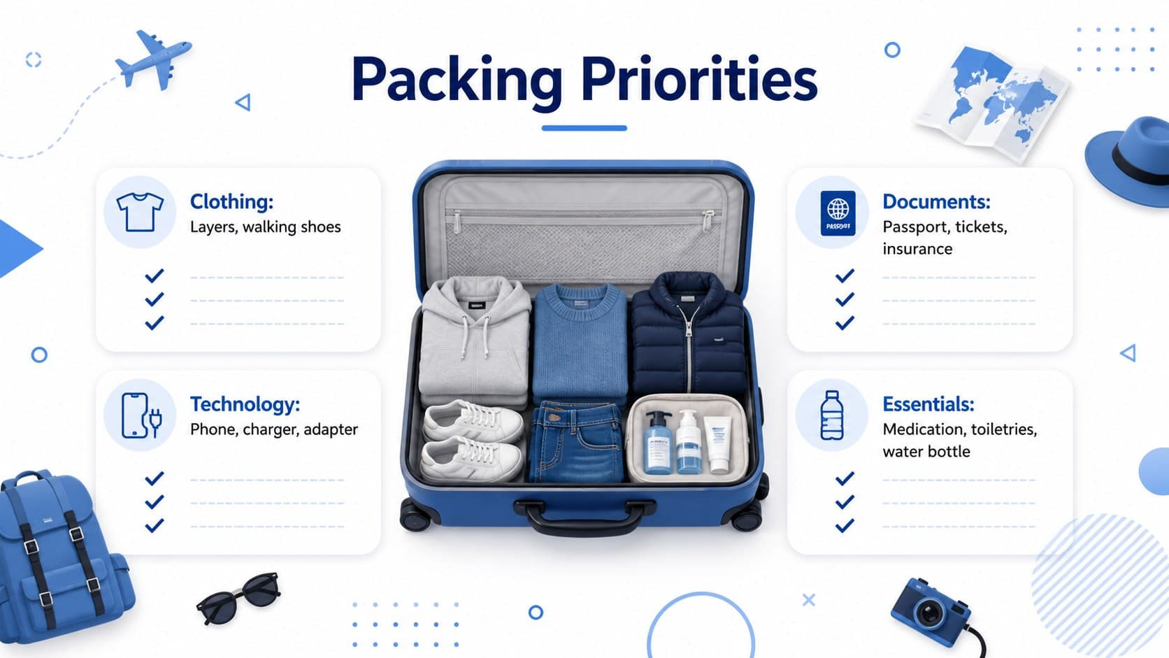 Travel packing checklist grouped into clothing, documents, technology, and personal essentials.