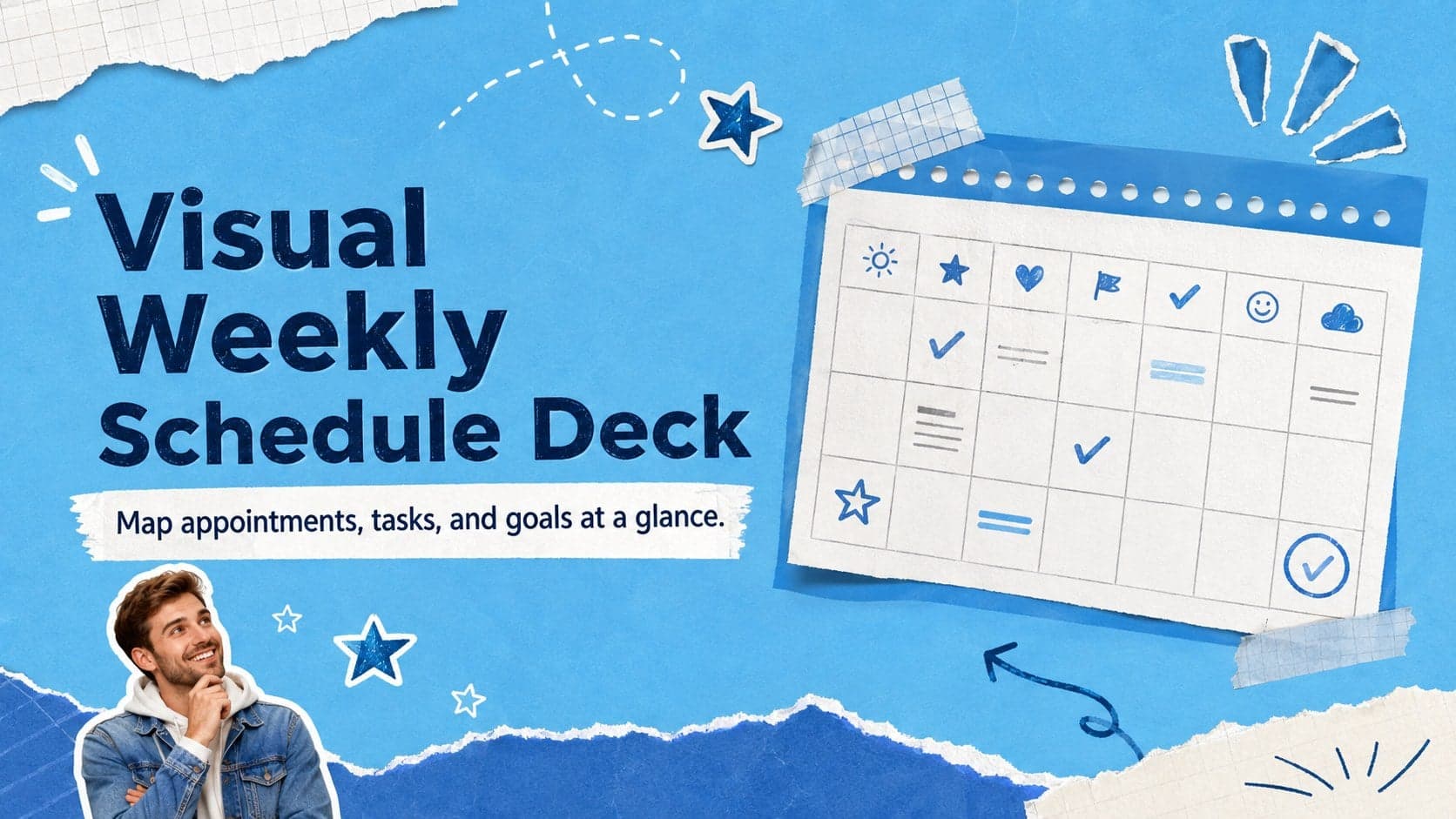 Cover of a Visual Weekly Schedule Deck with layered blue collage graphics, doodles, and a bold planning headline.